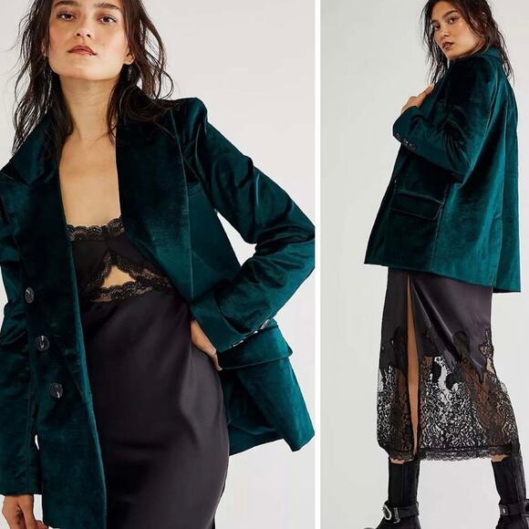 Free People NWT Jade Green Velvet Ashby Double Breasted Oversized Blazer Small - Picture 1 of 10